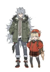 Rule 34 | 1boy, 1girl, ahoge, alternate costume, backpack, bag, black footwear, black gloves, black thighhighs, blonde hair, brown bag, brown footwear, brown skirt, cabbie hat, charm (object), coat, commentary, denim, drip (meme), facial scar, fur-trimmed coat, fur trim, genshin impact, gloves, green coat, grey hair, hand in pocket, hands on own hips, hat, high tops, highres, jacket, jeans, jewelry, klee (genshin impact), layered clothes, long hair, looking at viewer, meme, necklace, open clothes, open jacket, open mouth, pants, pants rolled up, plaid, plaid skirt, pointy ears, randoseru, razor (genshin impact), red eyes, red headwear, red jacket, scar, scar on cheek, scar on face, serious, shoes, short twintails, sidelocks, simple background, skirt, sneakers, spring2013, symbol-only commentary, teeth, thighhighs, tooth necklace, torn clothes, torn jeans, torn pants, twintails, upper teeth only, white background, zipper