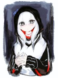 Rule 34 | 1girl, black eyes, blush, closed mouth, colored skin, creepypasta, flower, hair between eyes, hair ornament, hood, hood up, jeff the killer, jeff the killer (ai-gen), long hair, long sleeves, looking at viewer, own hands together, solo, upper body, usa37107692, white background, white hair, white skin
