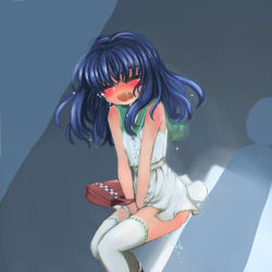 Rule 34 | 1girl, ass, bag, bare shoulders, blue hair, blush, closed eyes, dress, green sailor collar, grey background, handbag, hands together, have to pee, highres, leaning forward, long hair, open mouth, original, pee, peeing, peeing self, red bag, sailor collar, sailor dress, saliva, simple background, sleeveless, sleeveless dress, standing, sweat, tears, thighhighs, ugogogesik, white dress, white thighhighs, zettai ryouiki