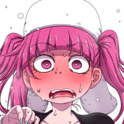 Rule 34 | 1girl, bleach, blush, commentary request, dokugamine riruka, full-face blush, hanya (hanya yashiki), hat, long hair, looking at viewer, nail polish, open mouth, portrait, purple eyes, purple hair, simple background, solo, twintails, white background