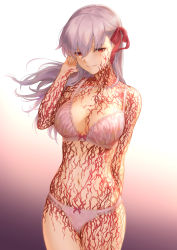 Rule 34 | 1girl, bare shoulders, blush, body markings, bow, bow bra, bow panties, bra, breasts, cleavage, collarbone, commentary request, corruption, cowboy shot, dark persona, dark sakura, fate/stay night, fate (series), floating hair, gradient background, grin, hair between eyes, hair ribbon, hand up, heaven&#039;s feel, highres, large breasts, long hair, looking at viewer, mashuu (neko no oyashiro), matou sakura, navel, panties, pink bra, pink panties, purple hair, red eyes, ribbon, sidelocks, signature, smile, solo, thighs, tsurime, twitter username, underwear, underwear only