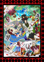 Rule 34 | 2girls, 6+boys, ^ ^, absurdres, ace (kuni no alice), ace (playing card), alice in wonderland, alice liddell (kuni no alice), animal, animal ears, apron, aqua eyes, arm up, bare shoulders, beret, bird, black gloves, black hair, blonde hair, blood dupre, blue dress, boris airay, bow, bowtie, braid, brothers, brown hair, cake, card, carrot, cat ears, cat tail, closed eyes, cloud, clover, coat, coin, cookie, crop top, crown, cup, detached sleeves, diamond (gemstone), diamond (shape), dress, dual persona, ear piercing, earrings, elliot march, eyepatch, feather boa, fingerless gloves, fish bone, floating card, flower, food, fork, framed, frills, fruit, glasses, gloves, green eyes, grey hair, grin, hair bow, hair over one eye, hat, head rest, heart, heart no kuni no alice, highres, holding, instrument, jewelry, joker (kuni no alice), joker (playing card), julius monrey, knife, long dress, long hair, looking at another, looking back, looking up, mary gowland, mask, multiple boys, multiple girls, nightmare gottschalk, official art, open mouth, pantyhose, parted bangs, peter white, pie, piercing, pillow, pink hair, plaid, plate, playing card, pocket watch, purple eyes, purple hair, queen, rabbit, rabbit ears, rainbow, red eyes, red flower, red hair, red rose, riding crop, ringlets, rose, rotational symmetry, scarf, short hair, siblings, silhouette, sisters, sky, smile, spade, star (symbol), strawberry, strawberry shortcake, striped legwear, sweets, sword, tail, tail ornament, tail piercing, tea, tea set, teacup, teapot, teeth, tiered serving stand, tiered tray, top hat, tray, tree, tweedle dee (kuni no alice, tweedle dee (kuni no alice), tweedle dum (kuni no alice), twins, upside-down, violin, vivaldi, watch, wavy hair, weapon, white gloves, wrist cuffs, yellow eyes