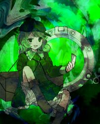 Rule 34 | 1girl, bloomers, boots, breasts, collared shirt, commentary request, frilled shirt collar, frilled skirt, frills, green eyes, green hair, green hat, green jacket, green skirt, green theme, hat, highres, jacket, kaigen 1025, long sleeves, medium hair, open mouth, pocket, shirt, sitting, skirt, small breasts, smile, solo, touhou, underwear, uneven eyes, white bloomers, yamashiro takane