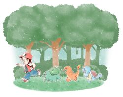 Rule 34 | 1boy, backpack, bag, black hair, black shirt, blue pants, blush, brown bag, bulbasaur, bush, charmander, claws, commentary, creatures (company), english commentary, flame-tipped tail, forest, game freak, gen 1 pokemon, grass, hat, holding, holding poke ball, jacket, kakuna, light particles, male focus, nature, nintendo, outdoors, pants, pocket, poke ball, poke ball (basic), pokemon, pokemon rgby, red (pokemon), red headwear, red jacket, running, shirt, short hair, short sleeves, squirtle, starter pokemon trio, teeth, thescandinaviangyger, tree, turtle shell, upper teeth only, white footwear