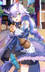 Rule 34 | 1girl, :d, absurdres, bailu (honkai: star rail), bare shoulders, black dress, blue eyes, blue sleeves, blurry, blurry foreground, braid, building, commentary request, day, depth of field, detached sleeves, dragon girl, dragon horns, dragon tail, dress, eating, excella (delltothu), fang, food, food on face, food request, gourd, hair ornament, highres, holding, holding food, honkai: star rail, honkai (series), horns, jacket, long sleeves, low twintails, open mouth, outdoors, pointy ears, purple hair, smile, solo, tail, twin braids, twintails, white jacket