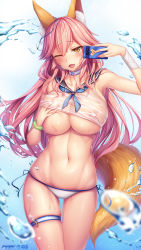 Rule 34 | 1girl, :d, animal ears, arm up, artist name, bad id, bad pixiv id, bikini, bikini bottom only, blush, bracelet, breasts, cellphone, cleavage, covered erect nipples, cowboy shot, crop top, fang, fate/grand order, fate (series), fingernails, fox ears, fox tail, hand up, highres, hip focus, holding, holding phone, jewelry, jitome, large breasts, long hair, looking at viewer, meion, nail polish, navel, one eye closed, open mouth, parted lips, phone, pink hair, sailor collar, see-through, selfie, shirt, side-tie bikini bottom, signature, sleeveless, smartphone, smile, solo, swimsuit, tail, tamamo (fate), tamamo no mae (fate/extra), thigh strap, thighhighs, thighs, toned, tsurime, wet, wet clothes, wet shirt, white bikini, yellow eyes