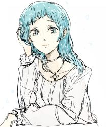 Rule 34 | 1girl, aged up, alternate hairstyle, aqua eyes, aqua hair, atlus, jewelry, long hair, looking at viewer, necklace, persona, persona 3, persona 4: the ultimate in mayonaka arena, simple background, sketch, smile, solo, sutei (giru), upper body, white background, yamagishi fuuka