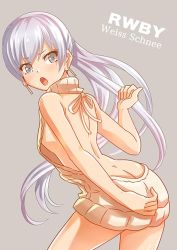 Rule 34 | 1girl, butt crack, looking at viewer, meme attire, no bra, no panties, ponytail, rwby, simple background, solo, virgin killer sweater, weiss schnee, white hair