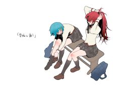 Rule 34 | 2girls, ^ ^, adjusting hair, bag, bench, blue hair, blush, closed eyes, from above, hands in hair, highres, kneehighs, loafers, long hair, mahou shoujo madoka magica, mahou shoujo madoka magica (anime), miki sayaka, mitakihara school uniform, mouth hold, multiple girls, open mouth, red hair, riyu qvq, sakura kyoko, school bag, school uniform, shoes, sitting, sock pull, socks, teeth, thighs, translation request, white background