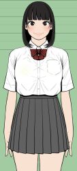 1girl arms_at_sides bad_id bad_twitter_id black_eyes black_hair blunt_bangs blush bob_cut bow bowtie bra_visible_through_clothes breast_pocket collared_shirt commentary_request cowboy_shot diagonal-striped_bow diagonal-striped_bowtie diagonal-striped_clothes dress_shirt green_background grey_skirt height_mark highres kuzukago_(bitchmaker) looking_at_viewer madoka_(kuzukago) medium_hair original pocket red_bow red_bowtie school_uniform shirt short_sleeves skirt smile solo straight-on striped_clothes white_shirt