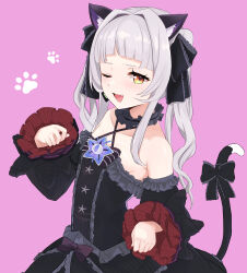 Rule 34 | 1girl, ;d, animal ears, black dress, black sleeves, blunt bangs, bow, brooch, cat ears, cat girl, cat tail, center frills, choker, cowboy shot, criss-cross halter, detached sleeves, dress, dress bow, fangs, flat chest, frilled choker, frilled dress, frilled ribbon, frills, gothic lolita, grey hair, hair ribbon, halter dress, halterneck, highres, hololive, jewelry, layered dress, light blush, lolita fashion, long hair, looking at viewer, maramuya, murasaki shion, murasaki shion (gothic lolita), official alternate costume, official alternate hair length, official alternate hairstyle, one eye closed, open mouth, paw pose, purple background, ribbon, sleeveless, sleeveless dress, smile, solo, star (symbol), tail, tail bow, tail ornament, twintails, virtual youtuber, wide sleeves, yellow eyes