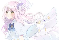 Rule 34 | :/, angel wings, blue archive, blue bow, blush, bow, capelet, cross, floating hair, from side, hair bun, halo, long hair, looking at viewer, mika (blue archive), pink hair, pink halo, sidelocks, single side bun, solo, tamagogayu1998, upper body, white background, white capelet, white wings, wing ornament, wings, yellow eyes