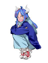 Rule 34 | 1girl, blue cardigan, blue hair, blue scarf, blue skirt, cardigan, covered mouth, curled horns, dinosaur girl, horns, hugging own legs, leaf, leaf on head, long hair, mask, mouth mask, multicolored hair, one piece, pink eyes, pink hair, pink mask, raine (acke2445), red footwear, scarf, simple background, skirt, solo, squatting, streaked hair, ulti (one piece), white background
