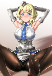 Rule 34 | 1girl, armpits, arms up, black gloves, black pantyhose, blonde hair, blue eyes, blue necktie, braid, breasts, colorado (kancolle), commentary request, dress, elbow gloves, foot focus, garrison cap, gloves, grey dress, grey hat, gusset, hat, headgear, houman, kantai collection, large breasts, looking to the side, necktie, panties, panties under pantyhose, pantyhose, pleated dress, shirt, short hair, side braids, sideboob, sitting, sleeveless, solo, toes, underwear, white shirt