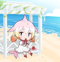 Rule 34 | 1girl, beach, black eyes, cetacean tail, chinese white dolphin (kemono friends), dolphin girl, dress, fins, fish tail, food, fruit, highres, kemono friends, kemono friends 3, kurokw, long hair, looking at viewer, official art, pink hair, ribbon, sailor collar, sailor dress, simple background, solo, summer, tail, twintails, watermelon