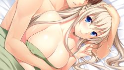 Rule 34 | 1boy, 1girl, blue eyes, blush, breasts, brown hair, closed mouth, collarbone, couple, covered erect nipples, game cg, hair between eyes, hand on another&#039;s head, head out of frame, hetero, highres, hino ryousuke, hoshi ori yume mirai, hug, hug from behind, koizumi amane, large breasts, long hair, lying, nude, okihara misa, on side, shiny skin, short hair, silver hair, smile, under covers, very long hair