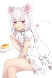 Rule 34 | 1girl, :o, albino, amashiro natsuki, animal ears, bare legs, black ribbon, blunt bangs, blush, bow, cake, cake slice, crossed legs, dress, food, fork, gloves, hair bow, heart, highres, holding, holding fork, holding plate, invisible chair, looking at viewer, mouse ears, mouse girl, mouse tail, neck ribbon, open mouth, original, pink bow, pink eyes, plate, ribbon, sitting, solo focus, tail, tail bow, tail ornament, thighs, white bow, white dress, white gloves, white hair