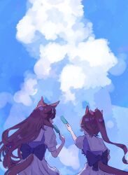 Rule 34 | 2girls, animal ears, brown hair, clothing cutout, cloud, day, food, from behind, highres, holding, holding food, holding popsicle, horse ears, horse girl, horse tail, jupo (nnmn 7737), long hair, multiple girls, open mouth, outdoors, outstretched arm, ponytail, popsicle, purple shirt, sailor collar, school uniform, shirt, short sleeves, sitting, skirt, smile, symboli rudolf (umamusume), tail, tail through clothes, tokai teio (umamusume), tracen school uniform, umamusume, white skirt