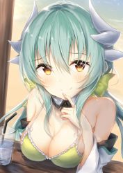 Rule 34 | 1girl, absurdres, beach, bendy straw, bikini, blush, bow, breasts, brown eyes, cleavage, closed mouth, commentary request, cup, curled horns, day, detached sleeves, dragon horns, drink, drinking glass, drinking straw, fate/grand order, fate (series), fingernails, green bow, green hair, hair between eyes, hair bow, hand up, heart, heart-shaped pupils, highres, horns, kiyohime (fate), kiyohime (swimsuit lancer) (first ascension) (fate), long hair, long sleeves, medium breasts, outdoors, sand, smile, solo, swimsuit, symbol-shaped pupils, uzuki tsukuyo, very long hair, white bow, wide sleeves, yellow bikini