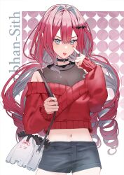 Rule 34 | 1girl, absurdres, akanbe, bag, baobhan sith (fate), black collar, black shorts, chip le cree, collar, commentary request, crop top, drill hair, eyelid pull, fate/grand order, fate (series), grey eyes, handbag, highres, jewelry, midriff, navel, pink hair, pointy ears, red nails, ring, shorts, tongue, tongue out