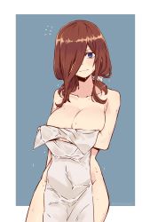 Rule 34 | 1girl, bare shoulders, breast hold, breasts, brown hair, covering privates, cowboy shot, embarrassed, flying sweatdrops, fumato, go-toubun no hanayome, hair ornament, hair over one eye, hair scrunchie, highres, large breasts, looking at viewer, medium hair, nakano miku, naked towel, nude cover, outside border, purple eyes, scrunchie, sidelocks, simple background, solo, towel, wavy mouth, wet