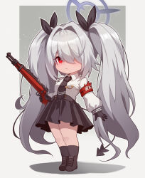 Rule 34 | 1girl, black footwear, black gloves, black necktie, black skirt, black socks, black tail, blue archive, blush, closed mouth, collared shirt, demon tail, full body, fuyu no usagi, gloves, grey hair, gun, hair over one eye, halo, highres, holding, holding gun, holding weapon, iori (blue archive), long hair, long sleeves, necktie, pleated skirt, purple halo, red eyes, shirt, shoes, simple background, skirt, socks, solo, standing, tail, twintails, weapon, white background, white shirt
