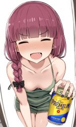 Rule 34 | 1girl, absurdres, bare shoulders, beer can, blunt bangs, blush, bocchi the rock!, braid, breasts, can, cleavage, closed eyes, collarbone, downblouse, dress, drink can, fang, greatmosu, green dress, hair over shoulder, highres, hiroi kikuri, long hair, open mouth, purple hair, single braid, small breasts, smile, solo