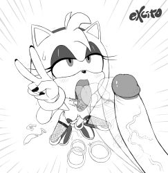 Rule 34 | amy rose, breasts, condom, excito, eyeshadow, fishnets, furry, greyscale, hedgehog, highres, jewelry, makeup, masturbation, monochrome, nipples, penis, pussy juice, ring, sega, sonic (series), tongue, tongue out, used condom