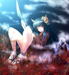 Rule 34 | 1girl, black hair, flower, hannya, hinomoto oniko, horns, japanese clothes, kimono, long hair, mask, one eye closed, oni mask, original, polearm, red eyes, ryosios, solo, spider lily, weapon, wink