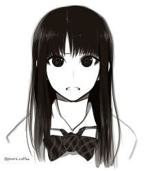 Rule 34 | 1girl, black eyes, black hair, bow, bowtie, collared shirt, facing viewer, greyscale, long hair, looking at viewer, monochrome, original, parted lips, plaid, plaid bow, plaid bowtie, plaid neckwear, poaro, shirt, simple background, solo, twitter username, upper body, white background