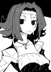 Rule 34 | 1girl, :&lt;, breasts, circlet, code geass, dowman sayman, greyscale, highres, jewelry, kouzuki kallen, looking at viewer, monochrome, necklace, parted bangs, short hair, solo