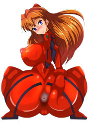 Rule 34 | 1girl, anus, anus peek, ass, ass focus, ass grab, bodysuit, breasts, butt crack, cameltoe, cleft of venus, curvy, grabbing own ass, huge ass, interface headset, large breasts, long hair, looking at viewer, looking back, naughty face, neon genesis evangelion, nipples, orange hair, plugsuit, presenting, shijima (pixiv1182172), shiny clothes, skin tight, smile, solo, souryuu asuka langley, spread legs, squatting, two side up