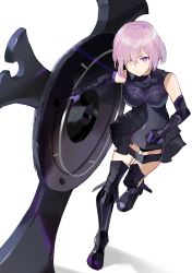 Rule 34 | 1girl, absurdres, armor, elbow gloves, fate/grand order, fate (series), full body, gloves, hair over one eye, highres, long sleeves, looking at viewer, mash kyrielight, pink hair, purple eyes, same (sendai623), shield, short hair, simple background, sitting, smile, solo, standing, standing on one leg, white background