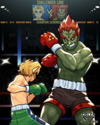 Rule 34 | 2boys, abs, absurdres, blonde hair, boxing, boxing gloves, boxing ring, boxing shorts, ganondorf, gerudo, highres, link, male focus, multiple boys, muscular, nintendo, orlek, pointy ears, punch-out!!, red hair, shorts, smile, the legend of zelda, the legend of zelda: ocarina of time, triforce