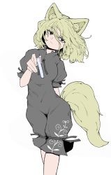 Rule 34 | 1girl, alternate color, animal ear fluff, animal ears, arm behind back, black jumpsuit, blonde hair, closed mouth, fe (tetsu), flat color, fox ears, fox tail, hair between eyes, half-closed eyes, head tilt, highres, holding, holding test tube, jumpsuit, kudamaki tsukasa, leg ribbon, looking at viewer, ribbon, romper, short hair, short sleeves, simple background, solo, standing, tail, test tube, touhou, wavy hair, white background