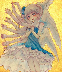 1girl angel_wings blonde_hair blue_dress blue_eyes blush child cropped_legs dress extra_arms feathered_wings frilled_dress frills hair_ornament hair_scrunchie hantoumei_namako looking_at_viewer monster_girl multiple_wings open_mouth original own_hands_together pale_skin scrunchie solo teeth traditional_media twintails upper_teeth_only wings yellow_background