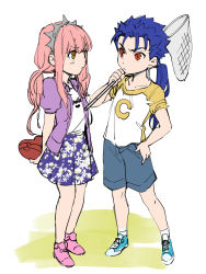 Rule 34 | 1boy, 1girl, aono shimo, arms behind back, bad id, bad pixiv id, blouse, blue footwear, blue hair, blue shorts, box, butterfly net, child, cu chulainn (fate), cu chulainn (fate/stay night), earrings, fate/grand order, fate/stay night, fate (series), floral print, full body, hand net, hand on own hip, heart, highres, holding, jewelry, loafers, long hair, long sleeves, looking at another, low twintails, mary janes, medb (fate), name tag, pink footwear, pink hair, ponytail, ponytail holder, puffy short sleeves, puffy sleeves, purple shirt, raglan sleeves, red eyes, shirt, shoes, short sleeves, shorts, simple background, skirt, sleeves rolled up, sneakers, tiara, twintails, white background, white shirt, yellow eyes, aged down