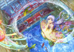 Rule 34 | 1girl, architecture, bad id, bad pixiv id, bubble, dragon, east asian architecture, eastern dragon, fish, floral print, from above, fuumi (radial engine), hands on lap, japanese clothes, kimono, koi, kyouya kakehi, looking up, marker (medium), purple eyes, purple hair, ribbon, scales, seiza, sitting, smile, solo, traditional media, translucent