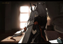 Rule 34 | 2girls, absurdres, animal ears, arknights, arm ribbon, bed, black dress, black hairband, blunt bangs, book, closed eyes, commission, dragon horns, drawing (object), dress, english text, frostnova (arknights), grey hair, hairband, highres, horns, hug, indoors, jacket, jacket on shoulders, letterboxed, long hair, long sleeves, multiple girls, orange ribbon, picture frame, pixiv commission, rabbit ears, ribbon, scar, scar on face, scar on nose, senkane, short hair, table, talulah (arknights), upper body, white jacket, window, wooden floor, yuri