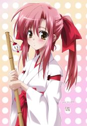 Rule 34 | 1girl, bamboo broom, broom, brown eyes, hakama, hakama skirt, japanese clothes, miko, ponytail, red hair, red hakama, skirt, solo, twintails