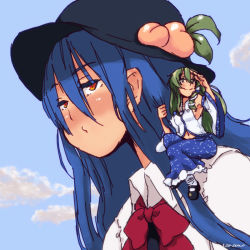 Rule 34 | 2girls, bad id, bad pixiv id, bow, bowtie, day, female focus, food, frills, fruit, giant, giantess, grabbing another&#039;s hair, hair ornament, hinanawi tenshi, japanese clothes, jitome, kochiya sanae, long hair, mary janes, midriff, miko, minecraft, multiple girls, navel, on shoulder, peach, pout, shoes, sitting on shoulder, sky, snake hair ornament, taramo, touhou