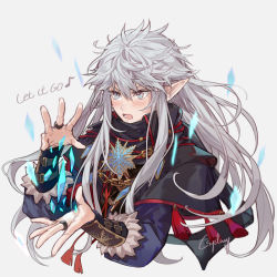 Rule 34 | 1boy, black capelet, black scarf, blue eyes, blush, capelet, chain, character request, cryokinesis, csyday, dungeon and fighter, fur trim, grey background, grey hair, ice, jewelry, long hair, lower teeth only, male focus, musical note, open mouth, pointy ears, ring, scarf, signature, simple background, snowflakes, solo, sweat, tassel, teeth, tongue, upper body