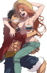 Rule 34 | 1boy, 1girl, abs, bikini, black hair, breasts, closed eyes, couple, denim, grin, hat, highres, hug, jeans, large breasts, long hair, maiko (setllon), monkey d. luffy, nami (one piece), one piece, open clothes, orange hair, pants, scar, scar on face, shorts, shoulder tattoo, smile, straw hat, striped bikini, striped clothes, swimsuit, tattoo, white background