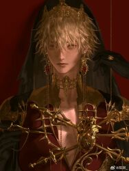 1boy black_gloves black_veil blonde_hair chain character_request closed_mouth collarbone commentary copyright_request crown earrings expressionless eyelashes gem gloves gold_chain gold_choker gold_crown gold_earrings hair_between_eyes highres holding holding_chain jacket jewelry lips long_sleeves male_focus pectoral_cleavage pectorals realistic red_background red_gemstone red_jacket short_hair simple_background solo symbol-only_commentary thick_eyebrows upper_body veil weibo_watermark white_eyes yangshu893