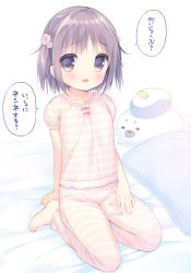 Rule 34 | 1girl, arm support, bare arms, barefoot, bed sheet, blush, bow, brown eyes, brown hair, child, commentary request, flower, hair flower, hair ornament, hand on leg, hand on own thigh, looking at viewer, on bed, open mouth, original, pajamas, pillow, pink bow, seiza, shiny skin, short sleeves, sitting, solo, striped clothes, striped pajamas, stuffed animal, stuffed penguin, stuffed seal, stuffed toy, translated, usashiro mani