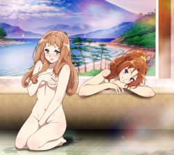 Rule 34 | 2girls, :d, arm support, bathhouse, bathing, bathtub, between legs, blush, breasts, brown hair, completely nude, covering privates, covering breasts, covering crotch, full body, green eyes, grin, hand between legs, hibike! euphonium, highres, indoors, lens flare, long hair, looking at viewer, multiple girls, nakagawa natsuki, navel, nude, on floor, open mouth, orange hair, painting (object), ponytail, purple eyes, reflective floor, sbel02, seiza, sitting, small breasts, smile, teeth, tile floor, tiles, yoshikawa yuuko