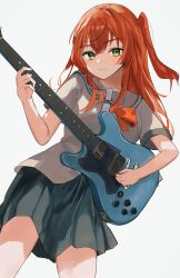 Rule 34 | 1girl, absurdres, black skirt, bocchi the rock!, bow, bowtie, closed mouth, commentary, cowboy shot, electric guitar, green eyes, grey sailor collar, grey shirt, guitar, hair between eyes, hands up, highres, holding, holding instrument, instrument, kita ikuyo, long hair, looking at viewer, miniskirt, music, nimiru namire, one side up, playing instrument, pleated skirt, red bow, red bowtie, red hair, sailor collar, school uniform, shirt, short sleeves, shuka high school uniform, simple background, skirt, smile, solo, standing, white background