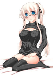 Rule 34 | 1girl, blue eyes, blush, breasts, cleavage, cleavage cutout, clothing cutout, glasses, highres, large breasts, long hair, mabinogi, meme attire, nao (mabinogi), open-chest sweater, ribbed sweater, smile, solo, sweater, thighhighs, turtleneck, twintails, umitsubame, white hair