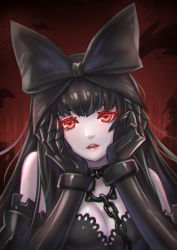 Rule 34 | 10s, 1girl, abyssal ship, black bow, black hair, bow, breasts, chain, choker, claws, female focus, gothic lolita, gradient background, hair bow, kaizeru, kantai collection, large breasts, lolita fashion, long hair, looking at viewer, parted lips, red eyes, seaplane tender princess, solo, upper body, yandere trance