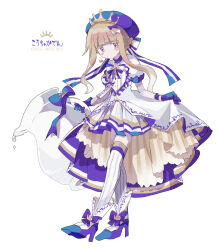 Rule 34 | 1girl, blonde hair, blue bow, blue gloves, blue hat, blue pupils, blue ribbon, blush stickers, bow, closed mouth, coat, colored eyelashes, crown earrings, earrings, english text, expressionless, flat chest, footwear ribbon, full body, gloves, hair bow, hat, hat ribbon, high heels, highres, holding pitcher, jewelry, multiple hair bows, no nose, original, pleated skirt, puffy short sleeves, puffy sleeves, ribbon, short sleeves, simple background, skirt, solo, sparkling eyes, thighhighs, translation request, usagi nui, walking, white background, white bow, white coat, white footwear, white skirt, white thighhighs, yellow eyes